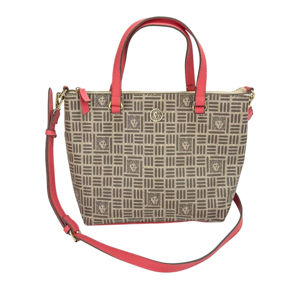 Anne‎ Klein Monogram Tote Bag Small Tan Pink Lion Print Crossbody Satchel Purse